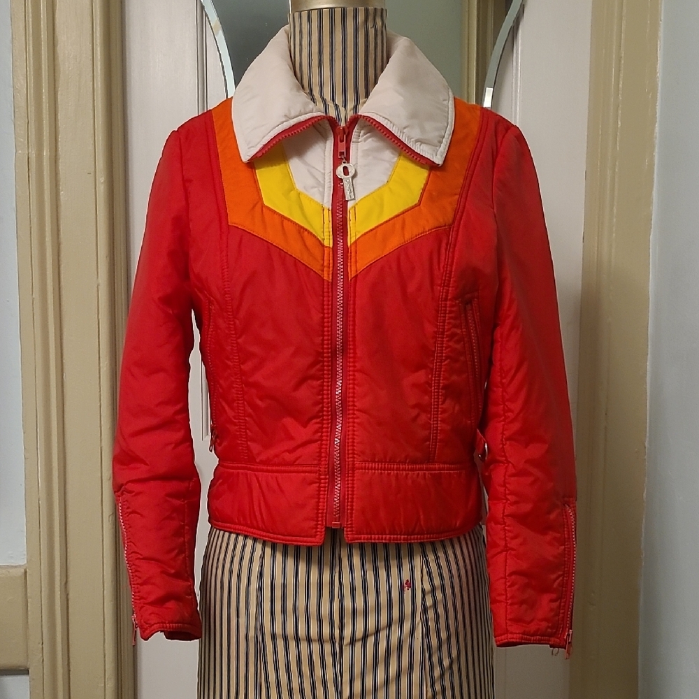 Women's Red Ski Jacket with Yellow & Orange Accents